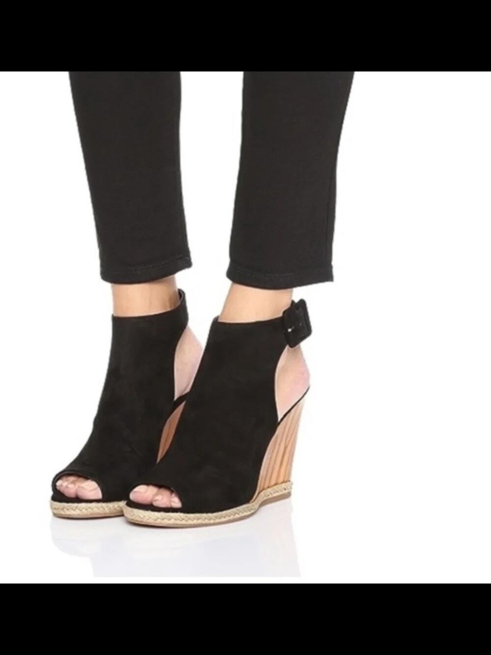 Tory Burch Raya Suede wedge sandals 7.5M black open toe wood